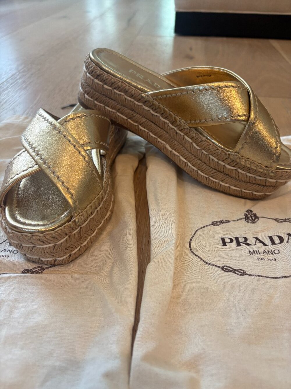 Prada Gold Leather Espadrille Sandals Size 35.5